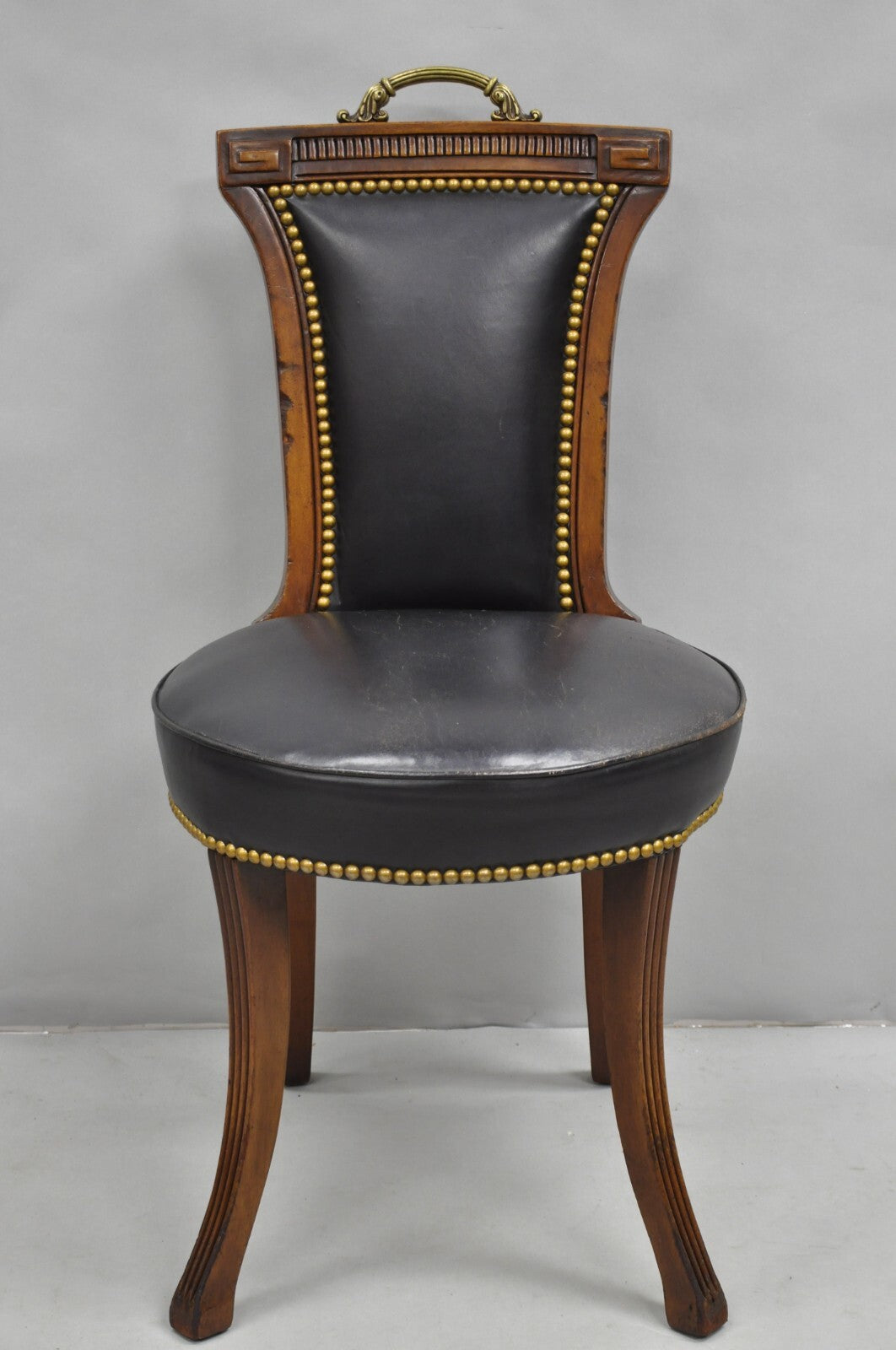Vintage French Regency Style Carved Mahogany Black Leather Saber Leg Side Chair