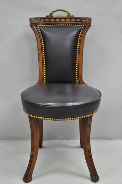 Vintage French Regency Style Carved Mahogany Black Leather Saber Leg Side Chair