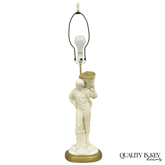 Vintage French Style White Painted Metal Figural Boy w Flower Basket Table Lamp