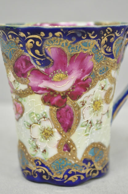 Antique Victorian Teacup & Saucer Cobalt Blue & Roses w/ Draped Gold Trim