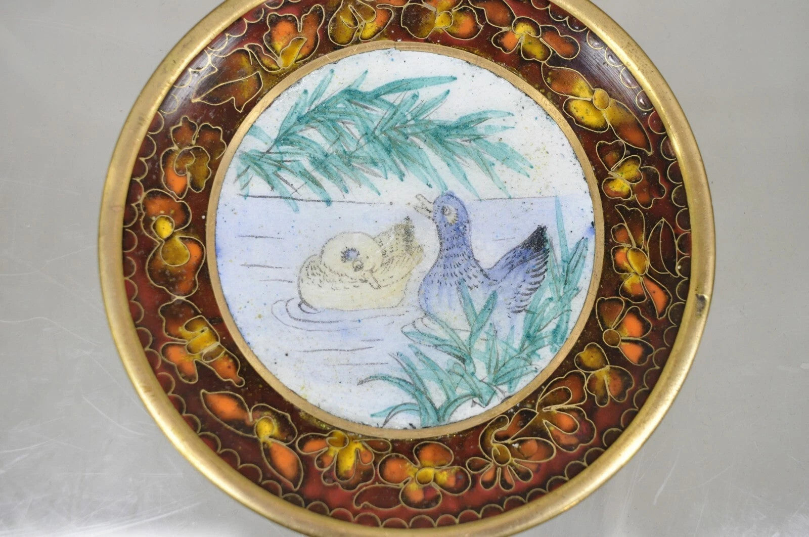 Vintage Chinese Brass Enamel Cloisonne Small Trinket Dish Set Brown - Set of 2