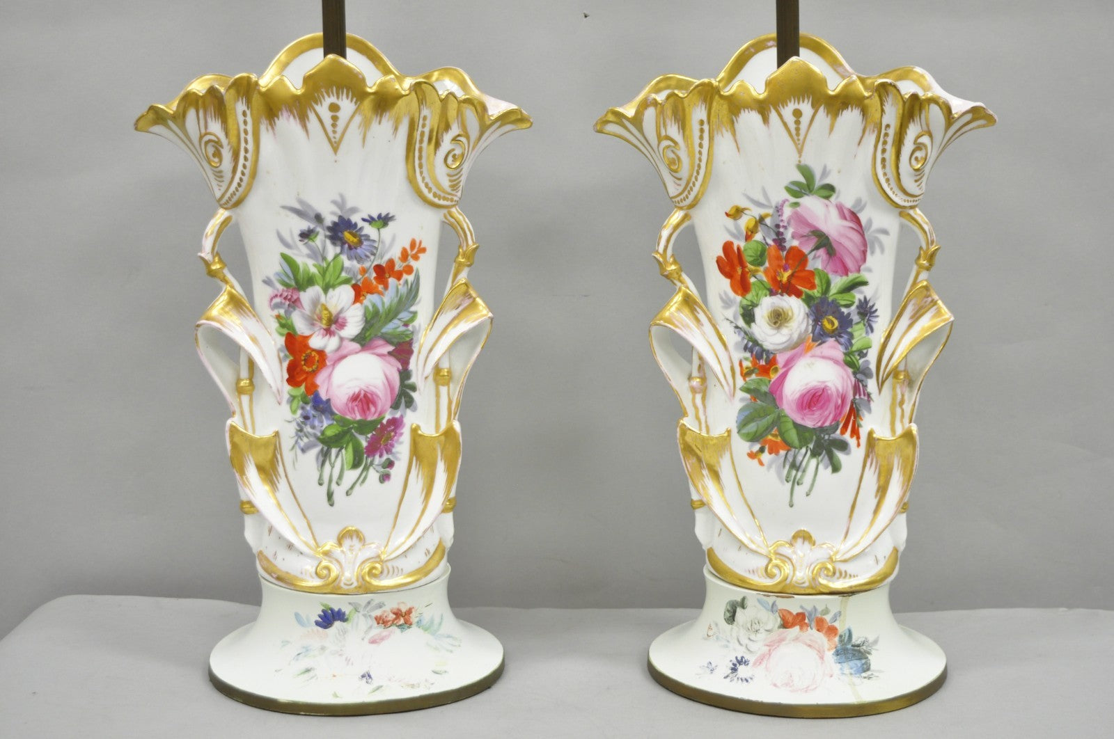 Antique Art Nouveau Austrian Porcelain Painted French Floral Table Lamps, a Pair