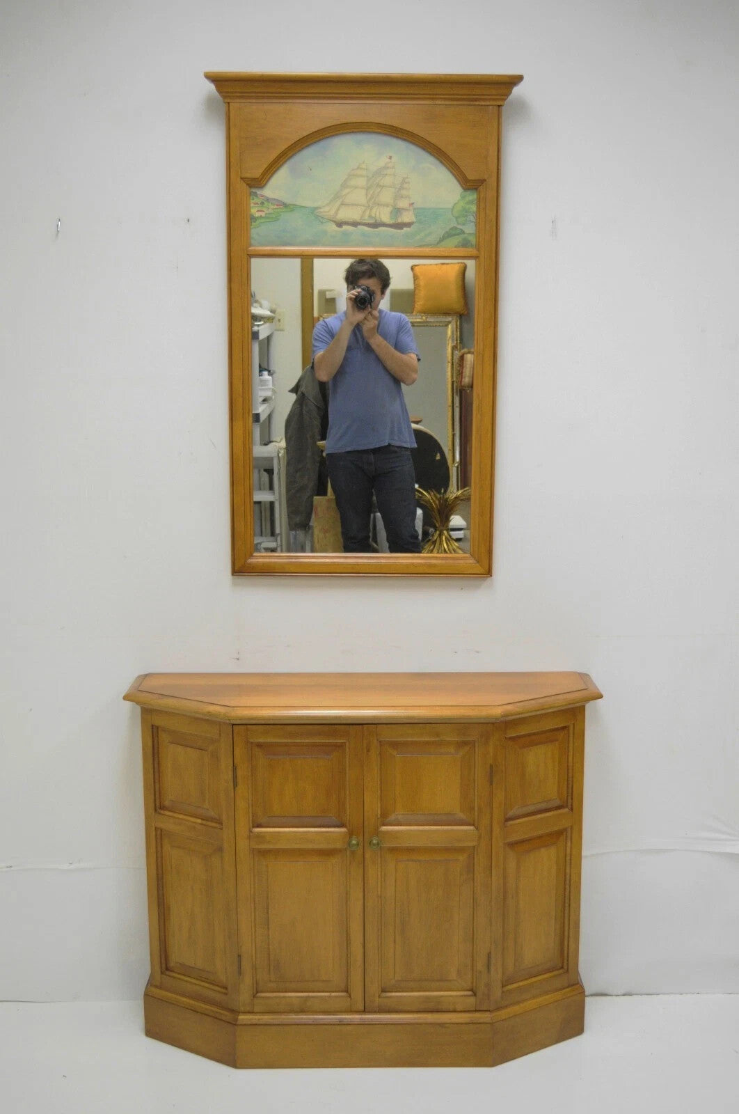 Conant Ball Colonial Maple Wood Console Cabinet Table w Clipper Ship Wall Mirror