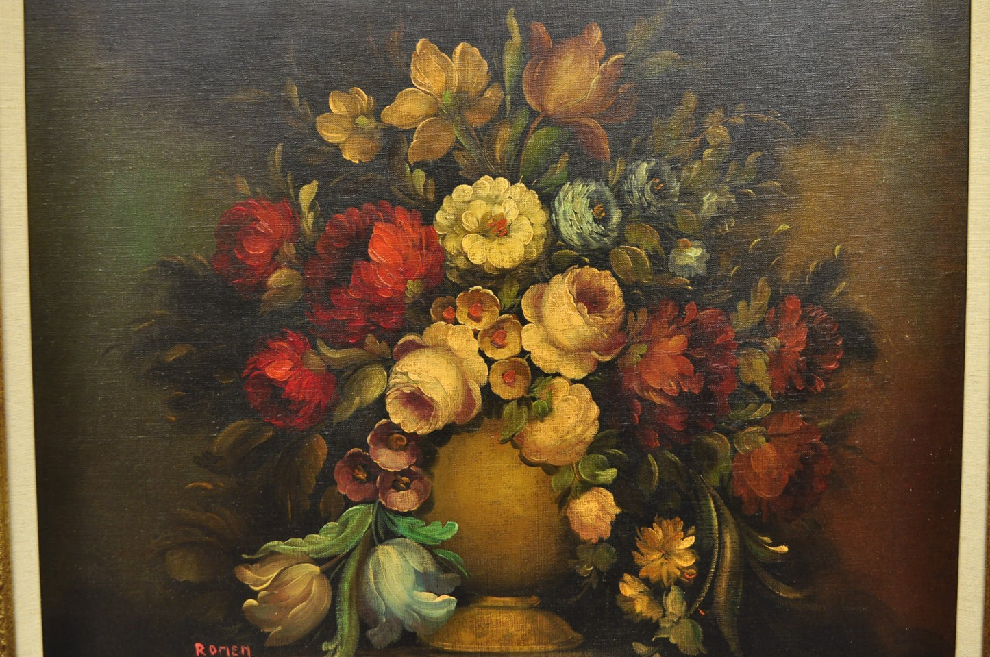 Vintage Victorian Flower Bouquet Still Life Painting Oil on Canvas Signed Romen