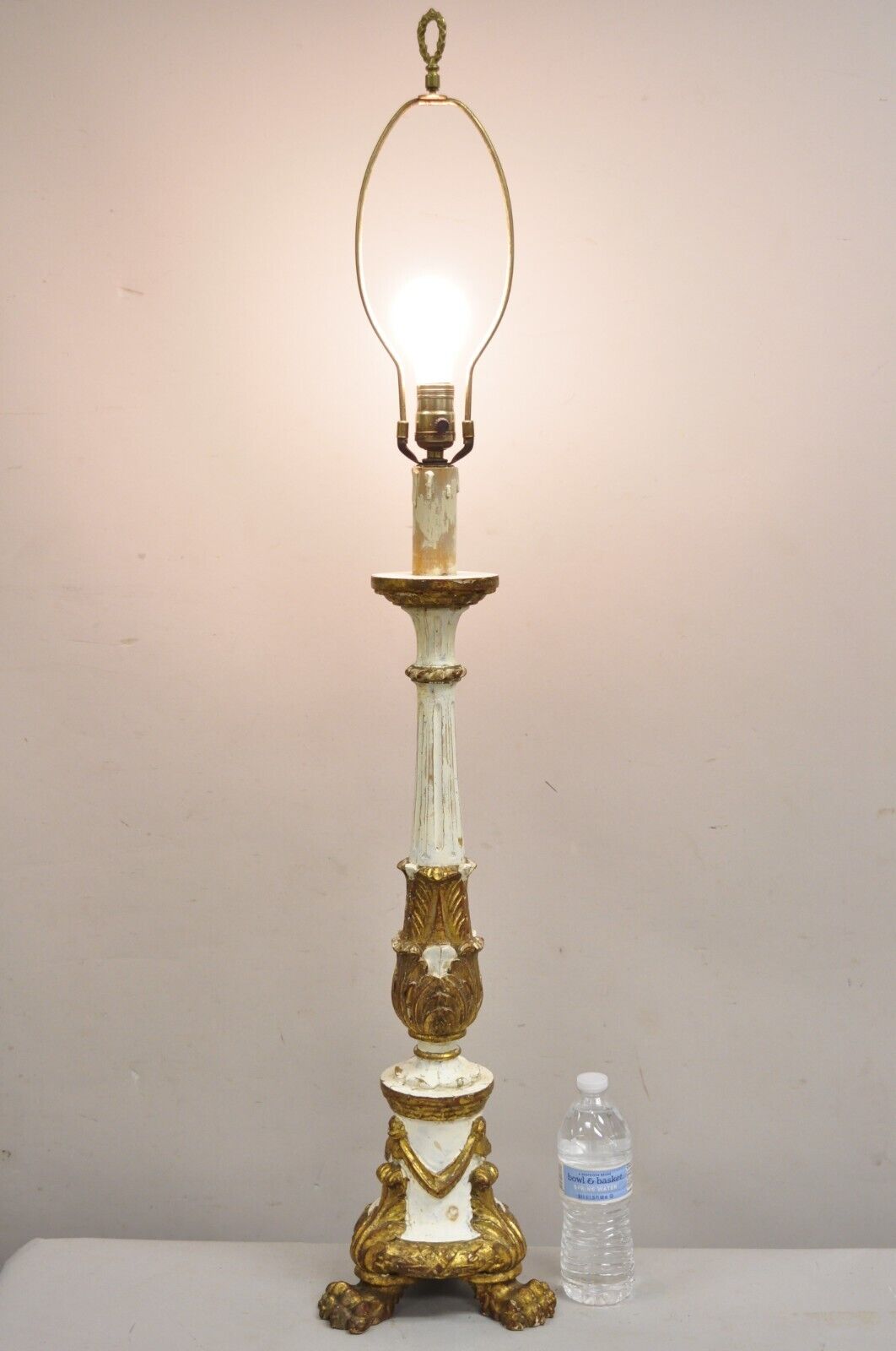 Antique Italian Neoclassical Carved Gold Giltwood White Candlestick Table Lamp