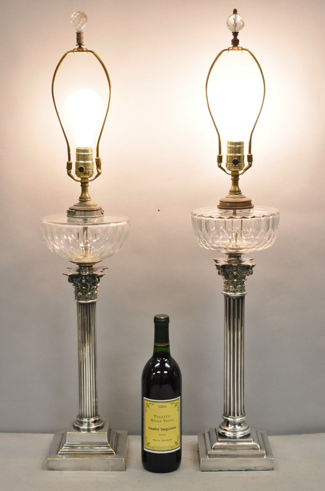 French Empire English Silver Plated Corinthian Column Table Lamp - Near Pair