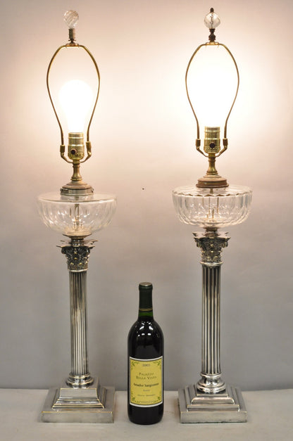French Empire English Silver Plated Corinthian Column Table Lamp - Near Pair