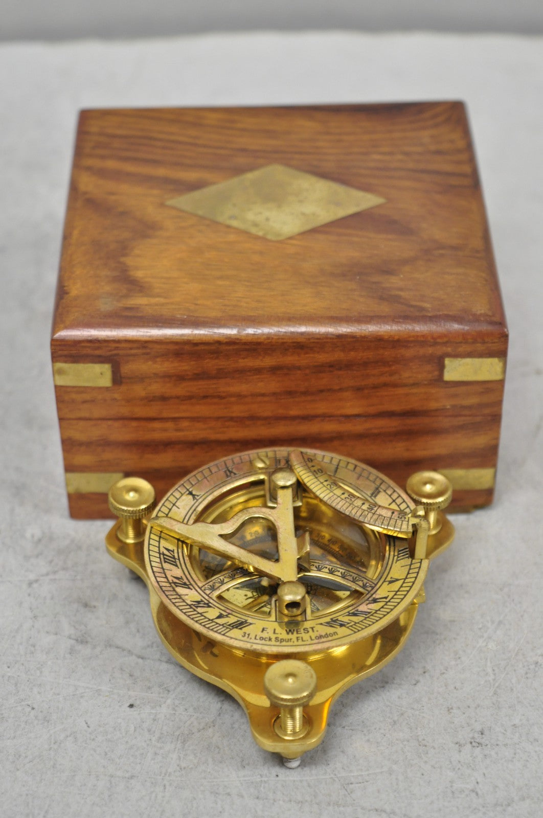 Vintage English Campaign Brass Round Sundial Compass with Small Rosewood Box
