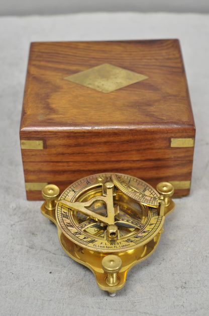 Vintage English Campaign Brass Round Sundial Compass with Small Rosewood Box