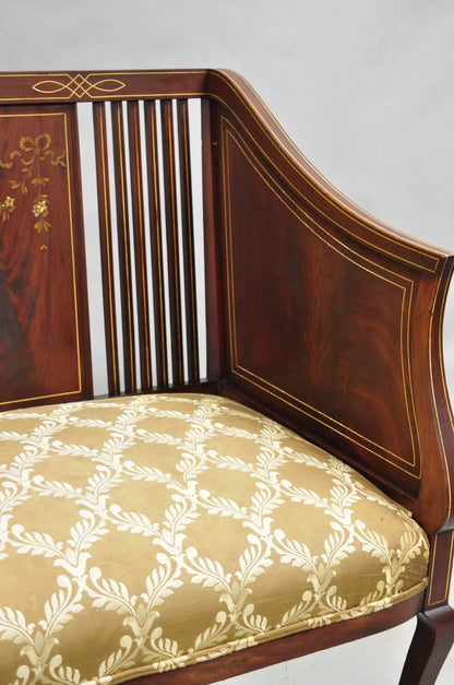 Antique Victorian Edwardian Mahogany Settee Loveseat w/ Mother of Pearl Inlay