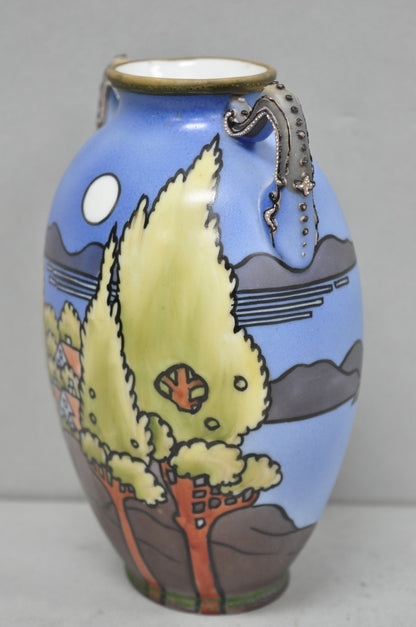 Antique Hand Painted Blue Nippon Porcelain Halloween Pattern Twin Handle Vase