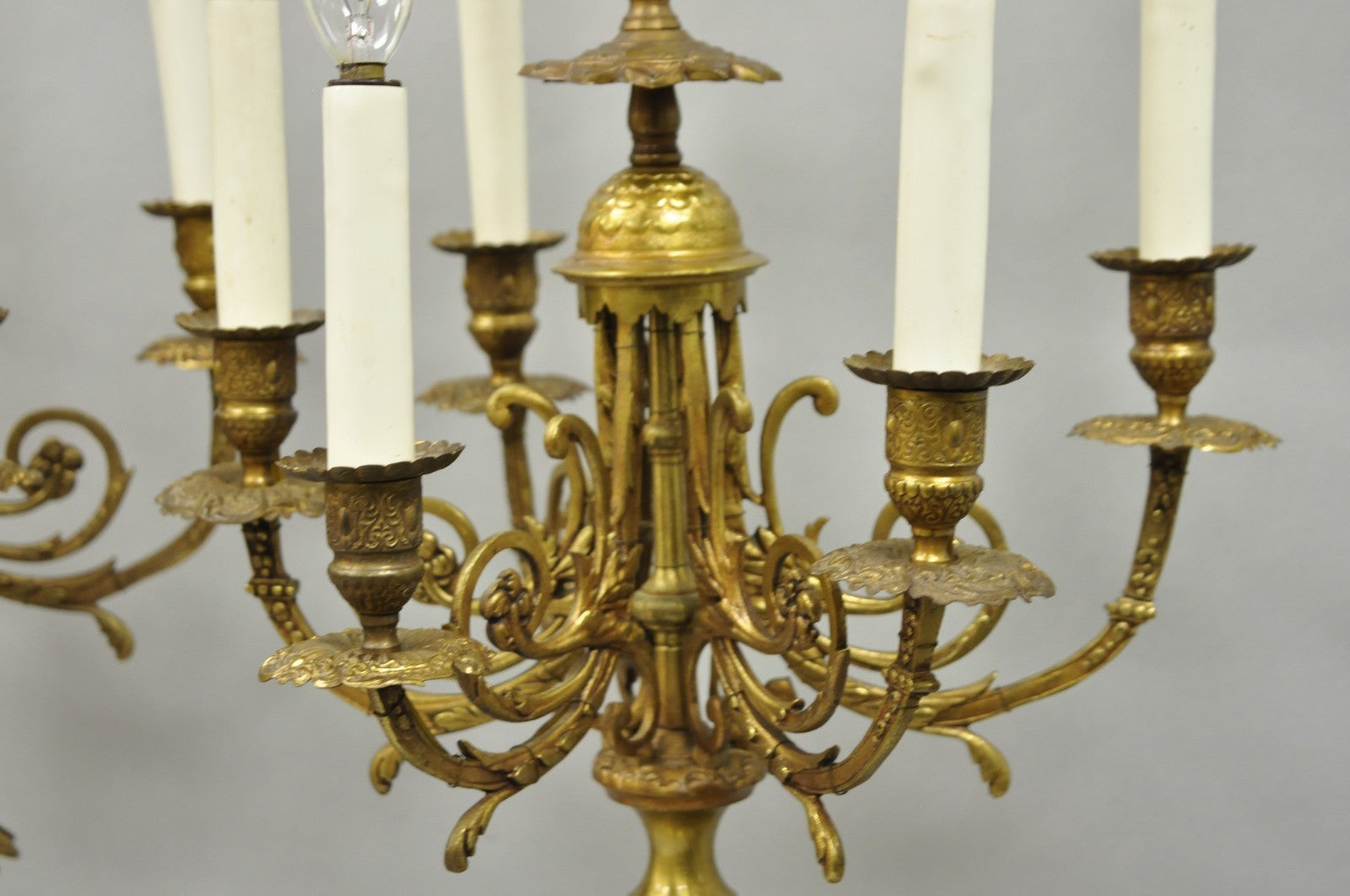 Vintage French Louis XV Style Red Porcelain Brass Candelabra Table Lamps - Pair