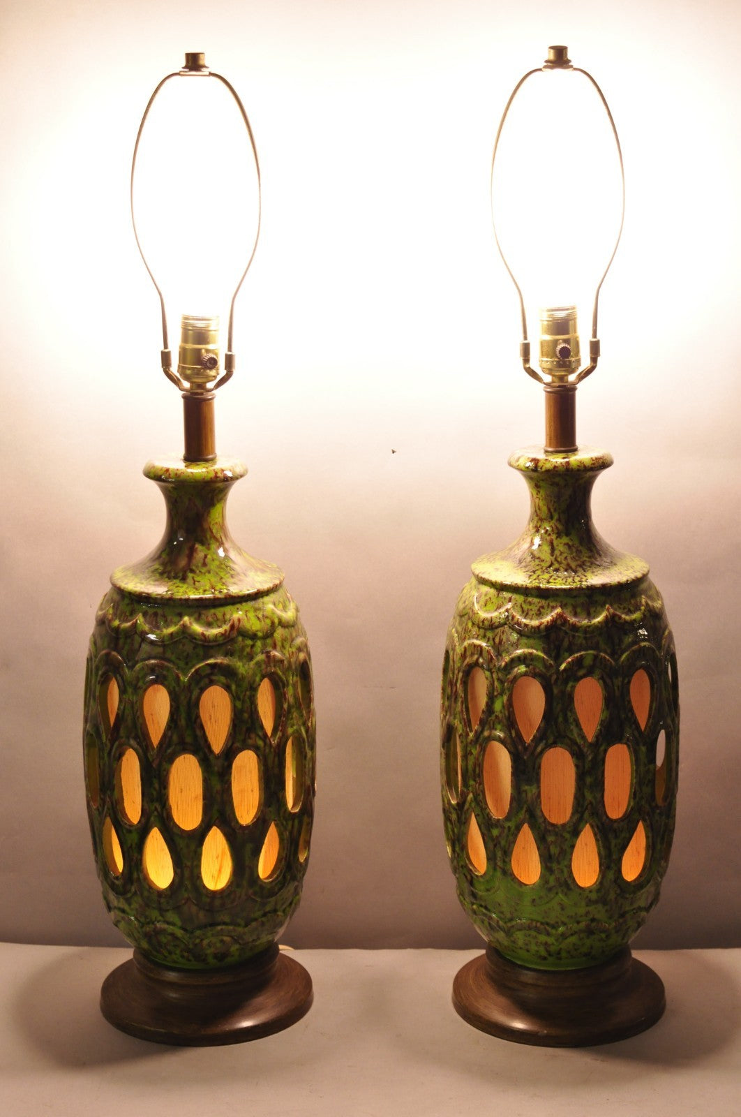 Vintage Mid Century Modern Green Lava Glazed Ceramic Pierced Table Lamps - Pair