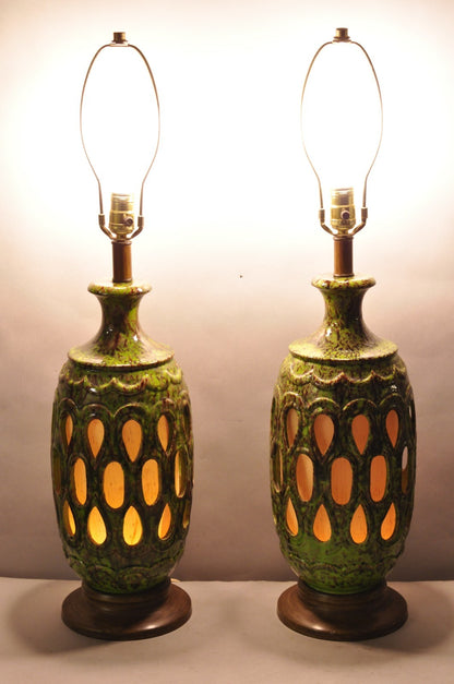 Vintage Mid Century Modern Green Lava Glazed Ceramic Pierced Table Lamps - Pair