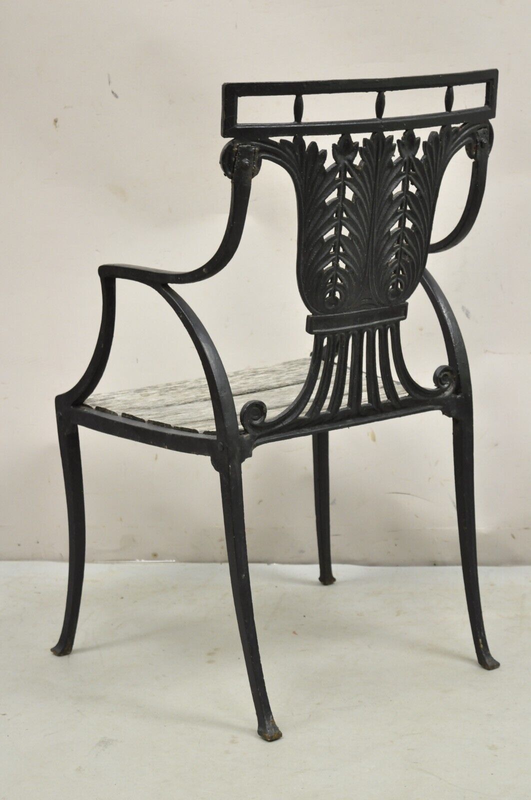 Antique French Regency Style Cast Iron Wooden Slat Garden Arm Chair
