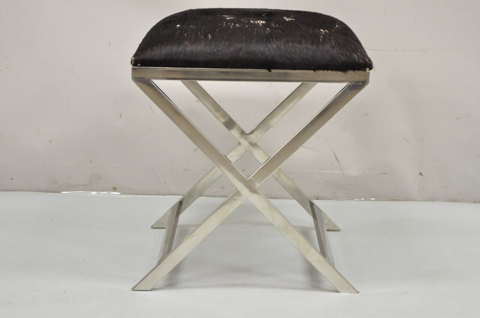 Modern Chrome Frame X-Frame Metal Stool with Cowhide Upholstery
