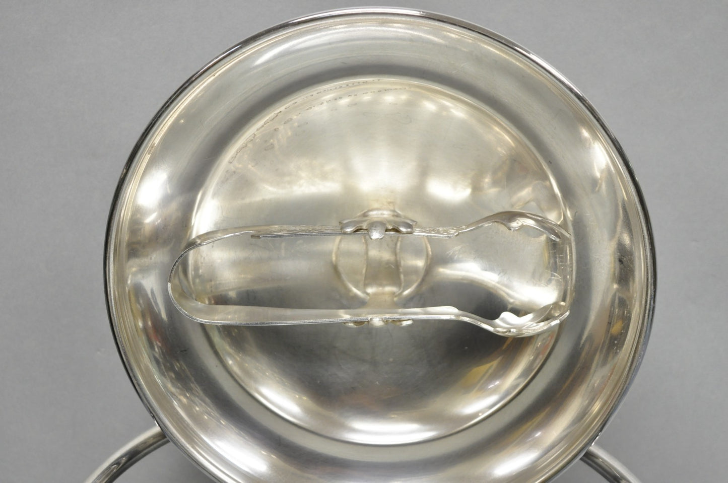 Mid Century Modern Sheffield Silver Plated Reticulating Hinge Ice Bucket w Tongs