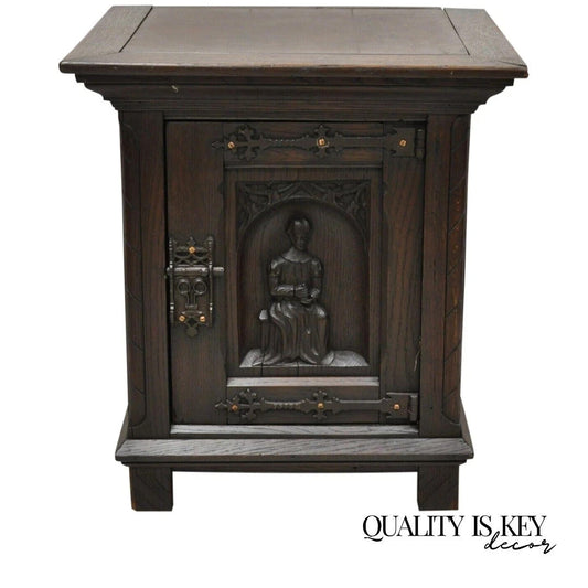 Antique Gothic Renaissance Revival Oak Figural Carved Low Cabinet Side Table