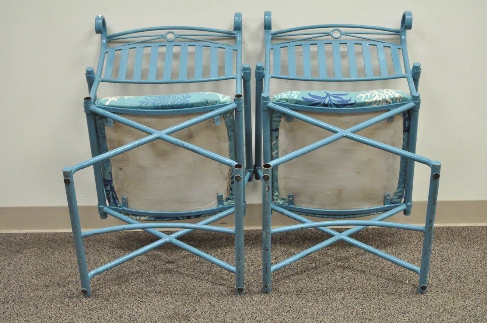 Vintage Hollywood Regency X-Frame Blue Iron Curule Directors Arm Chairs B - Pair