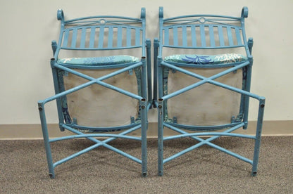 Vintage Hollywood Regency X-Frame Blue Iron Curule Directors Arm Chairs B - Pair
