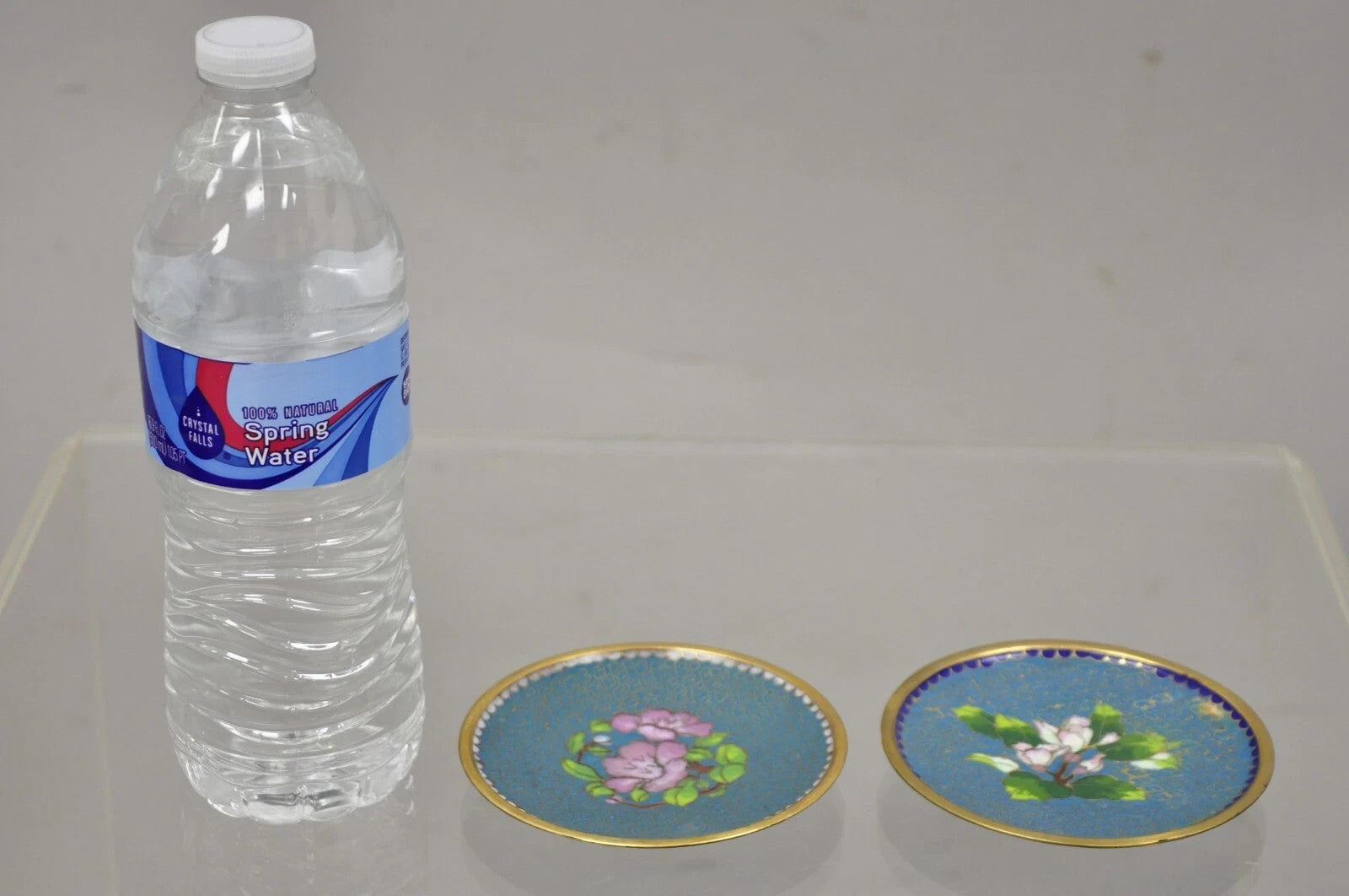 Vintage Brass Enamel Blue & Gold Floral Cloisonne Small Trinket Dish Set - Pair