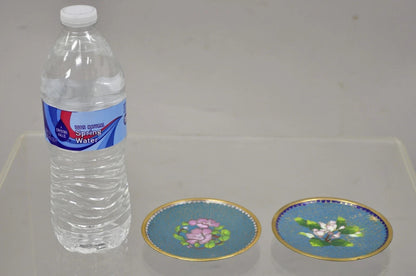Vintage Brass Enamel Blue & Gold Floral Cloisonne Small Trinket Dish Set - Pair