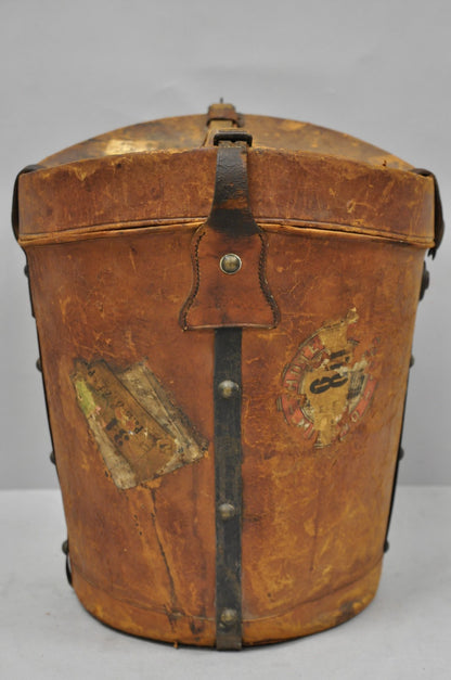 English Art Deco Brown Leather Travel Case Suitcase w/ Stickers & Beaver Top Hat