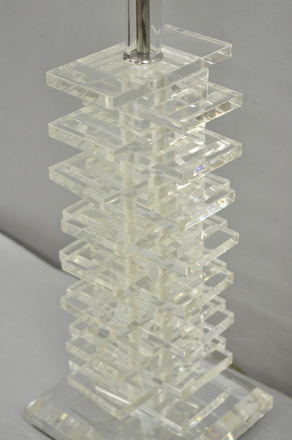 Vintage Mid Century Modern Lucite Acrylic Stacked Skyscraper Table Lamp