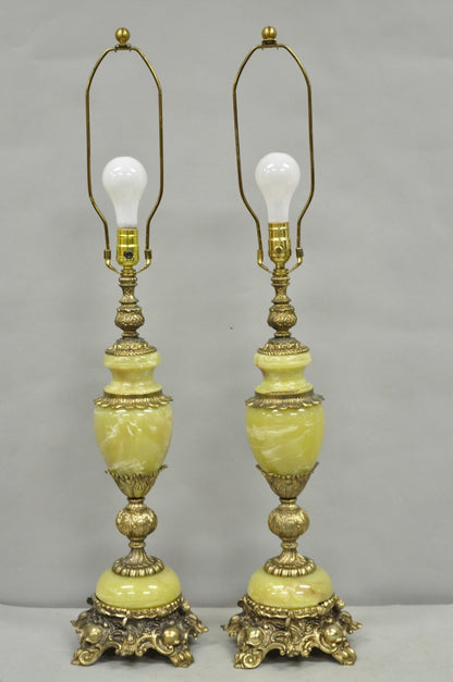 Vintage French Baroque Hollywood Regency Green Onyx Brass Table Lamps - a Pair