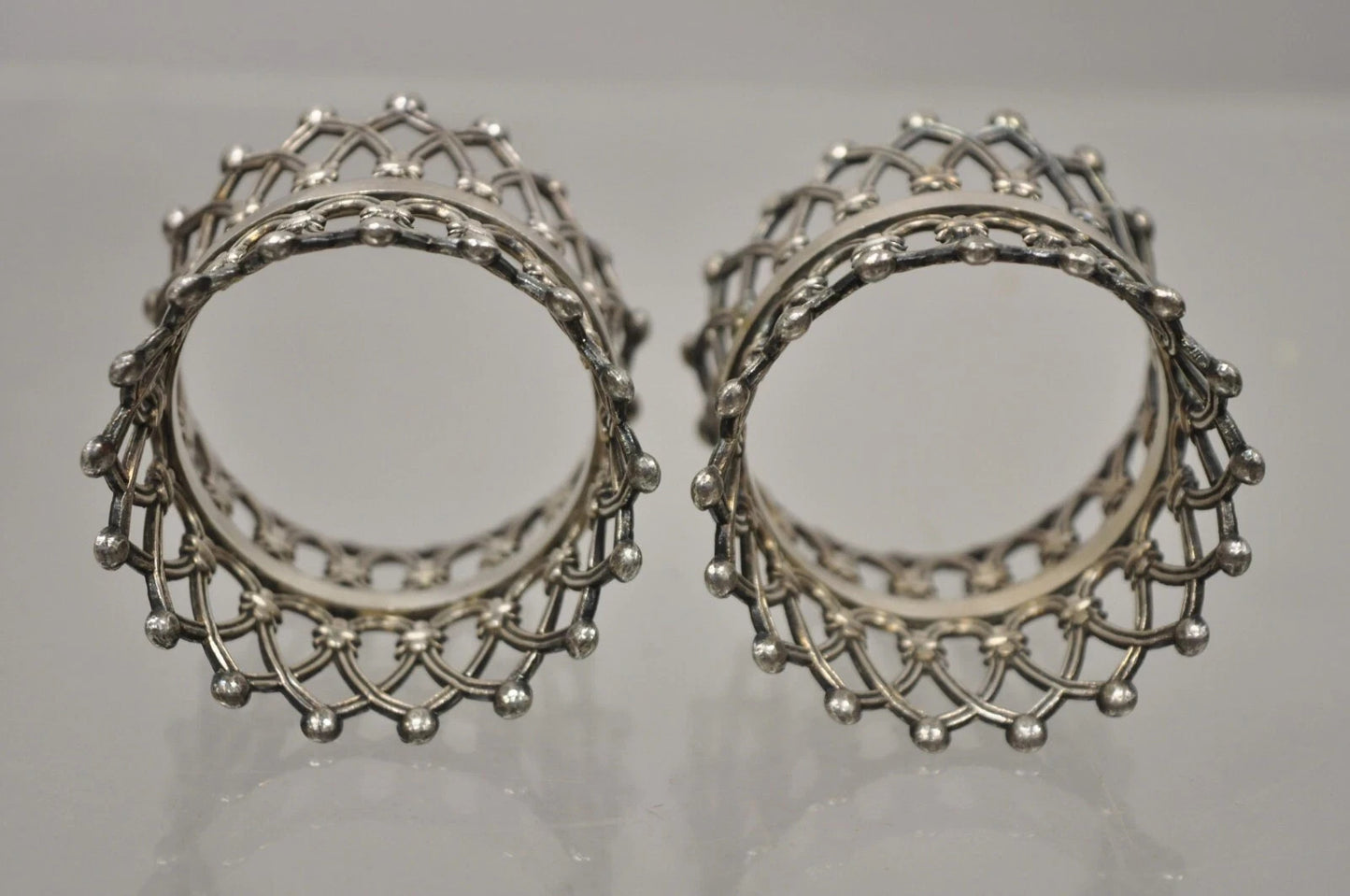 Antique English Victorian Silver Plated Fretwork Crown Napkin Rings - a Pair