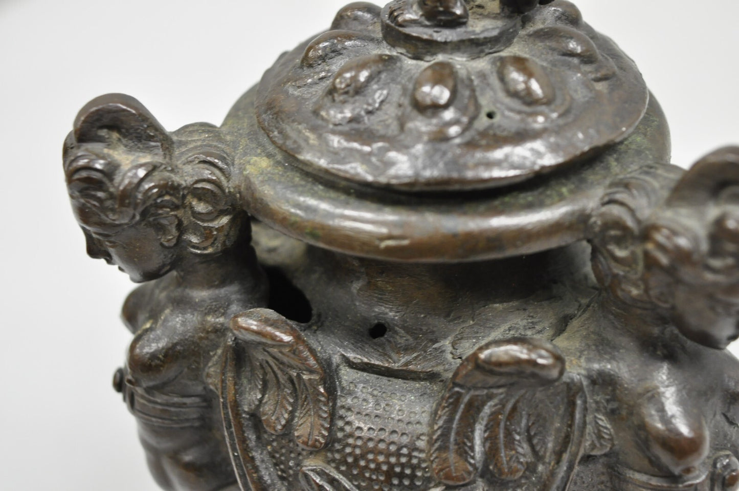 Antique Italian Renaissance Bronze Covered Figural Inkwell on Marble Base