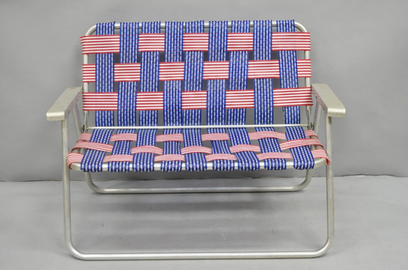 Vintage Childs Size American Flag Webbing Folding Aluminum Lawn Chair Loveseat