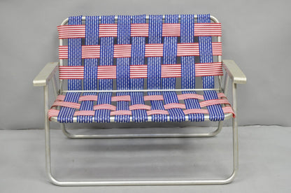 Vintage Childs Size American Flag Webbing Folding Aluminum Lawn Chair Loveseat