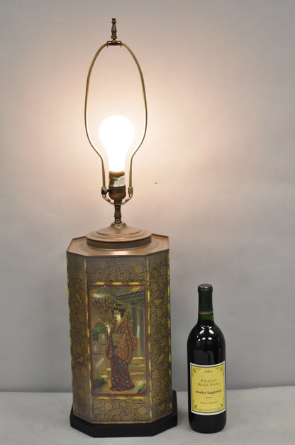 Vintage Chapman Oriental English Metal Tea Canister Figural Painted Table Lamp