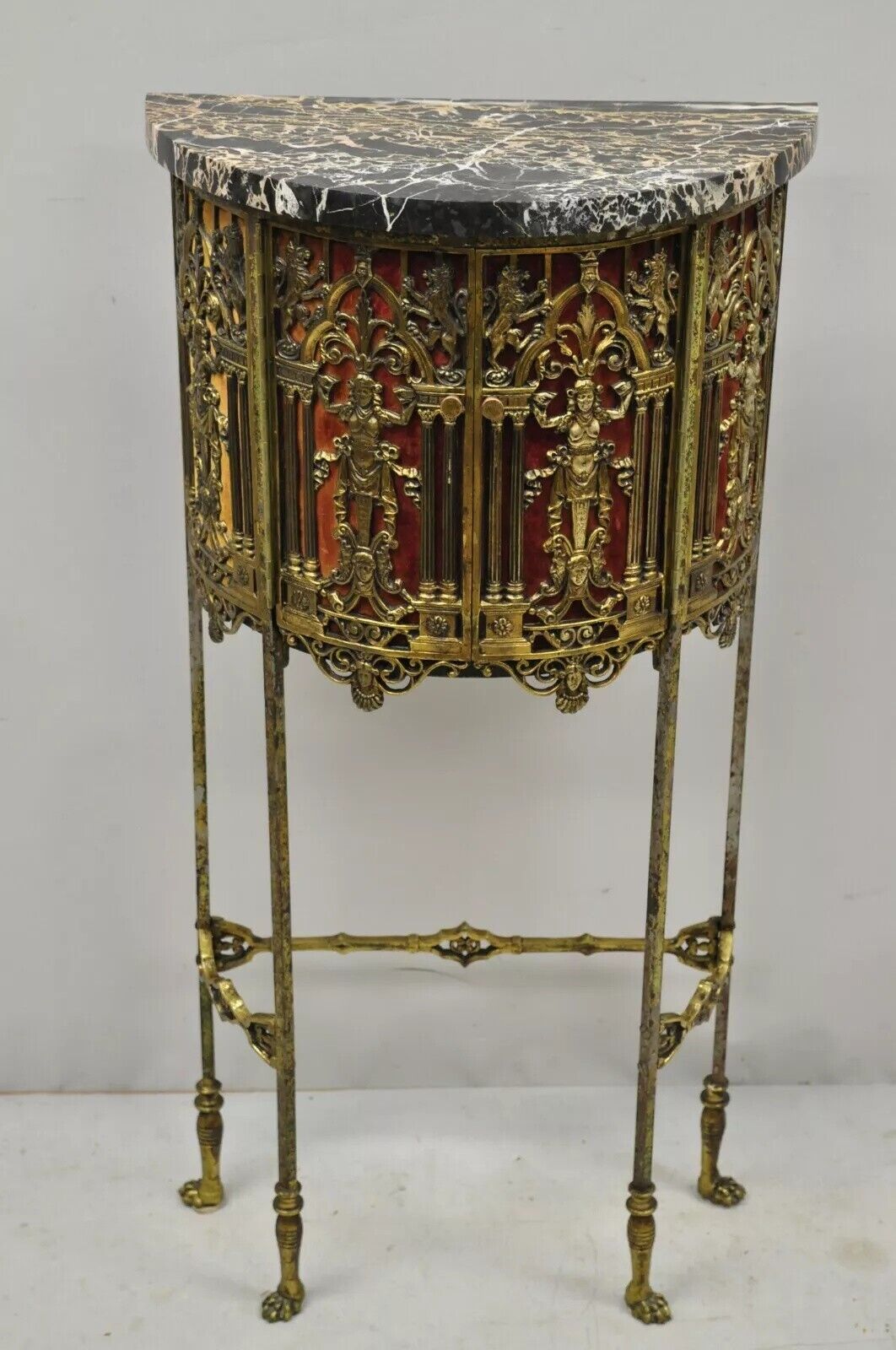 Oscar Bach Attributed Figural Bronze Marble Top Telephone Hall Stand with Chair