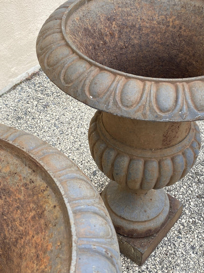 Vintage French Empire Style Large 30" Cast Iron Urn Form Garden Planters - Pair