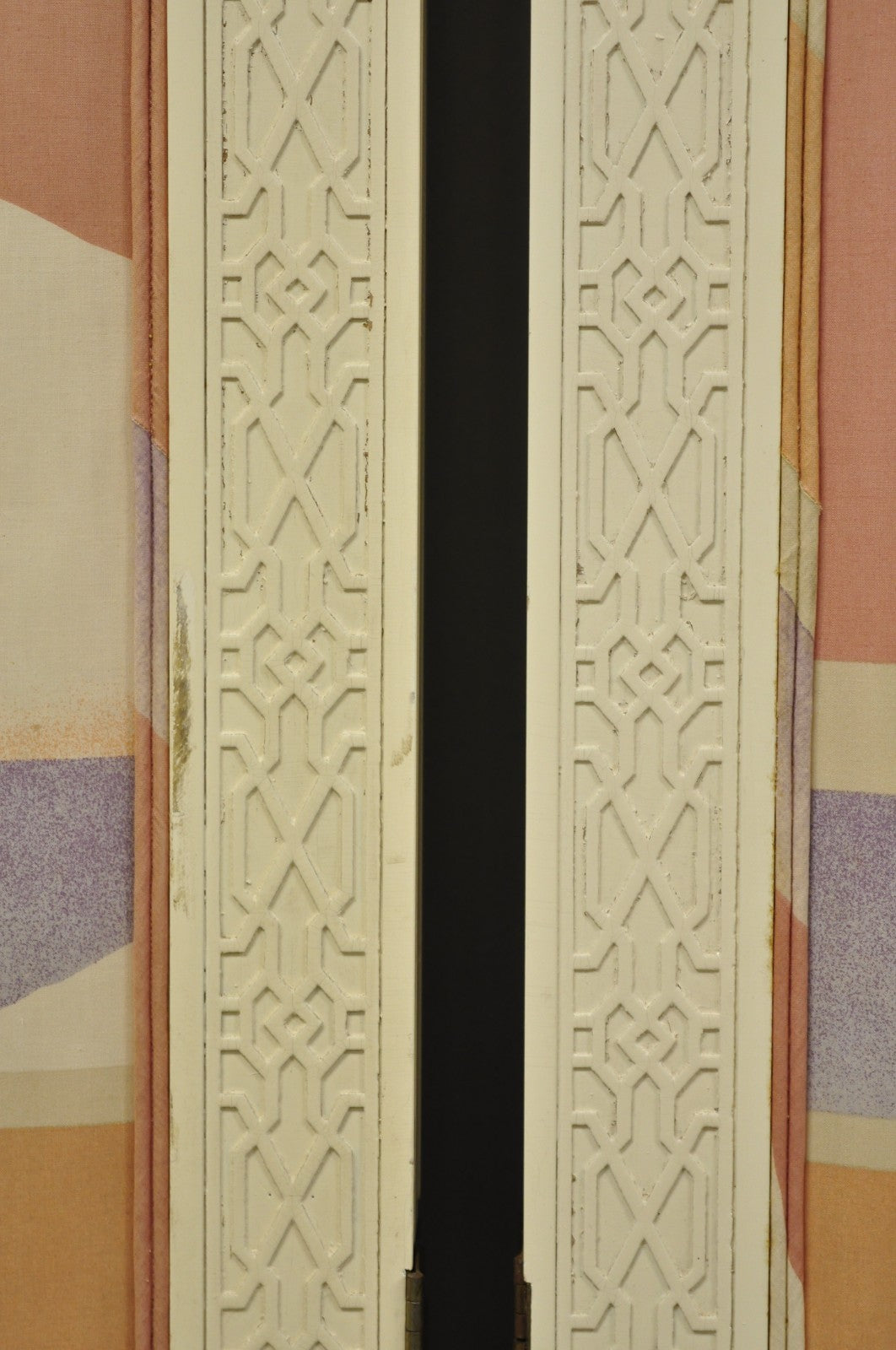 Vintage Oriental Fretwork Bone Lacquer Upholstered 6 Panel Room Divider Screen