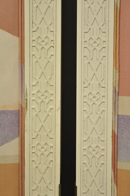 Vintage Oriental Fretwork Bone Lacquer Upholstered 6 Panel Room Divider Screen