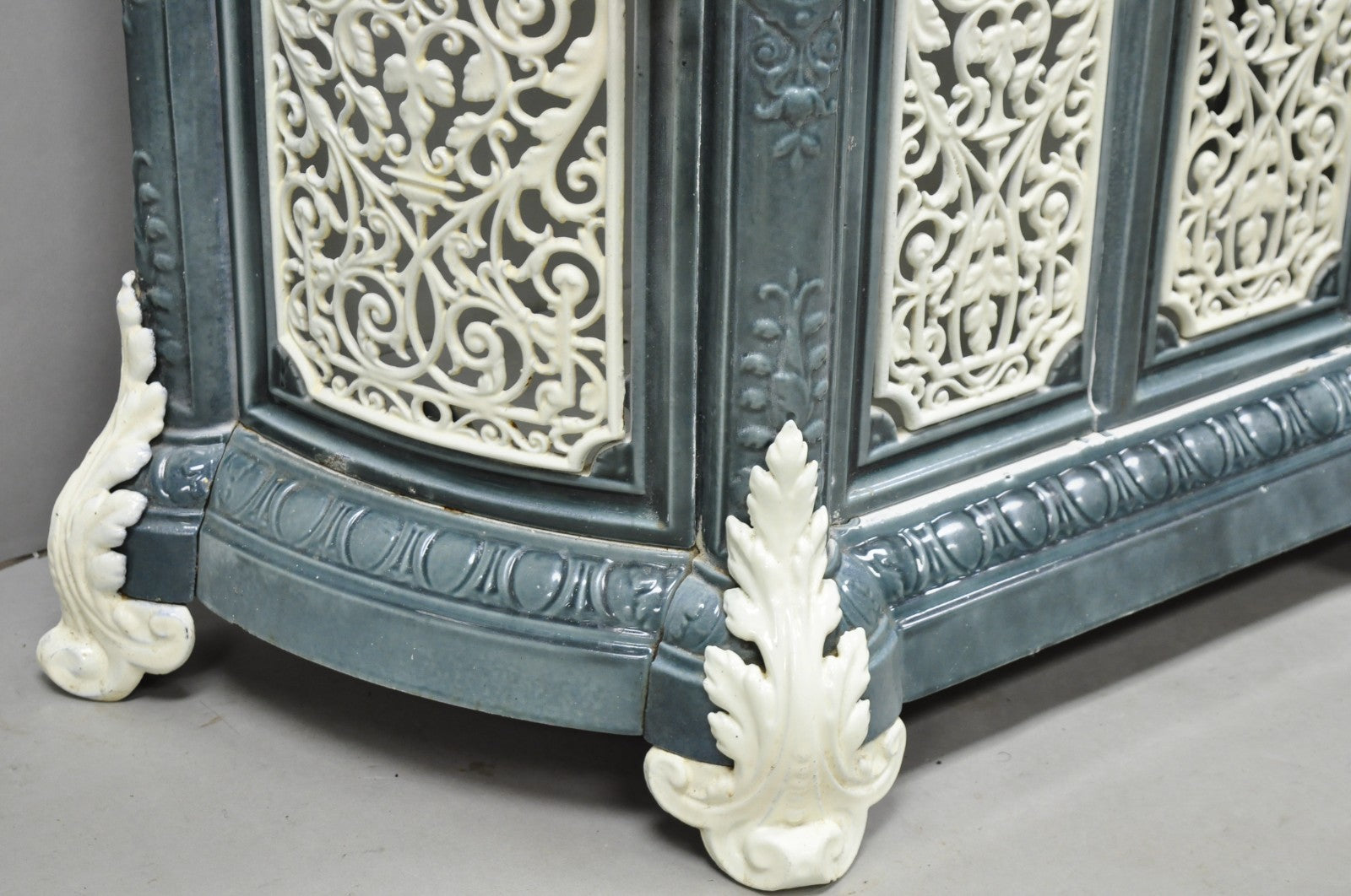 Antique French Victorian Blue White Porcelain Enamel Cast Iron Radiator Cover