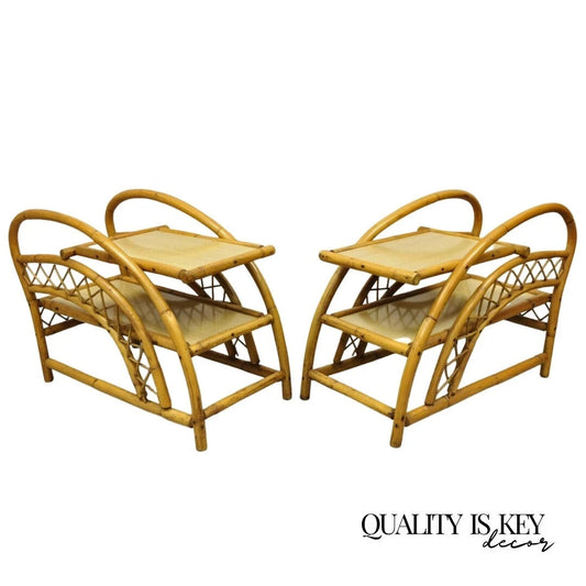 Vintage Tiki Rattan Bentwood Bamboo 2 Tier Sculptural End Tables - a Pair