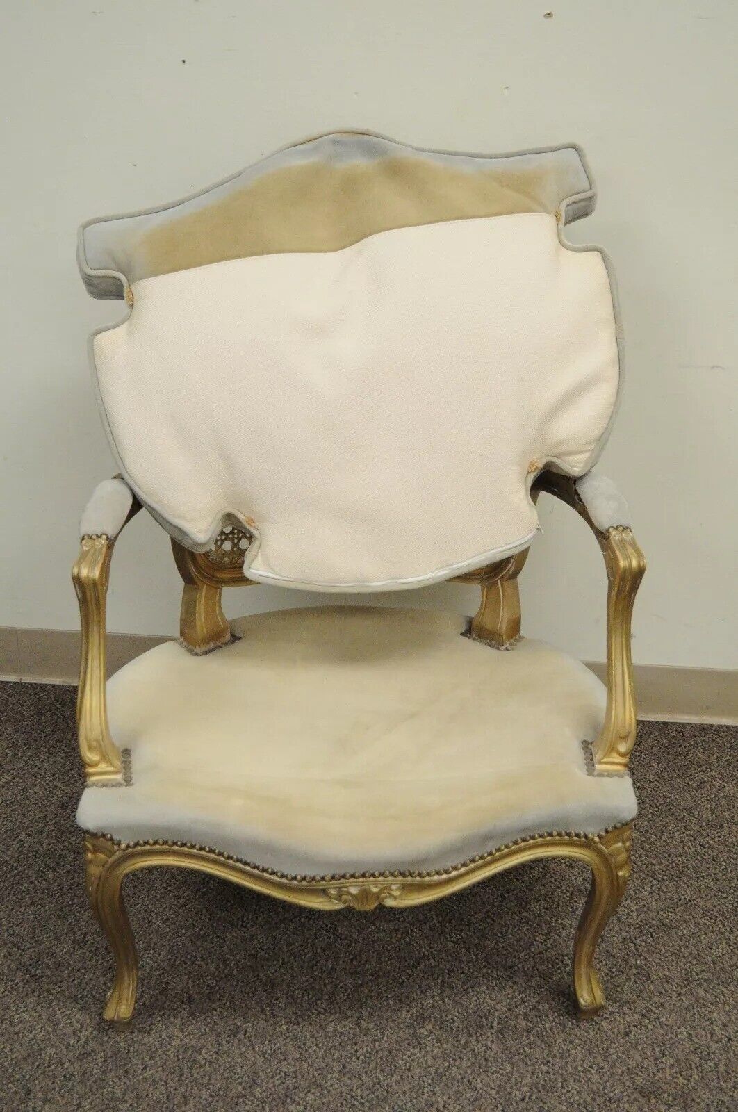 Fratelli Boffi French Louis XV Style Gold Gray Suede Cane Bergere Arm Chair