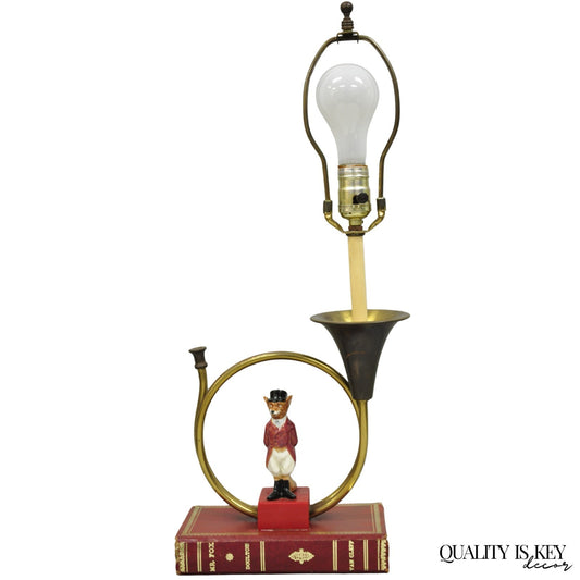 Vintage Equestrian Porcelain Snooty Mr Fox Brass Trumpet on Red Book Table Lamp