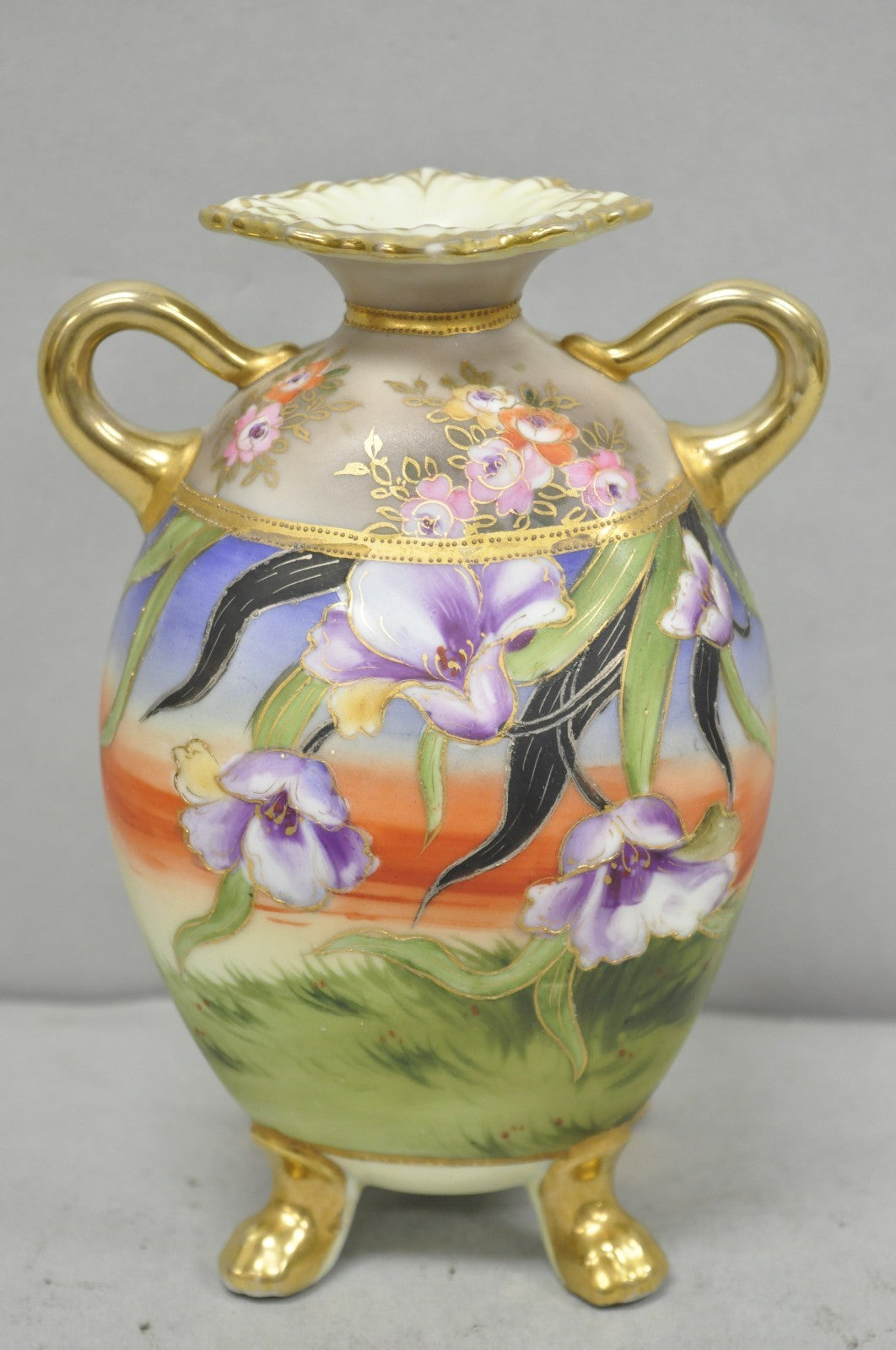 Antique Nippon Moriage Hand Painted Porcelain Purple Iris & Gold Gilt Vase Pair