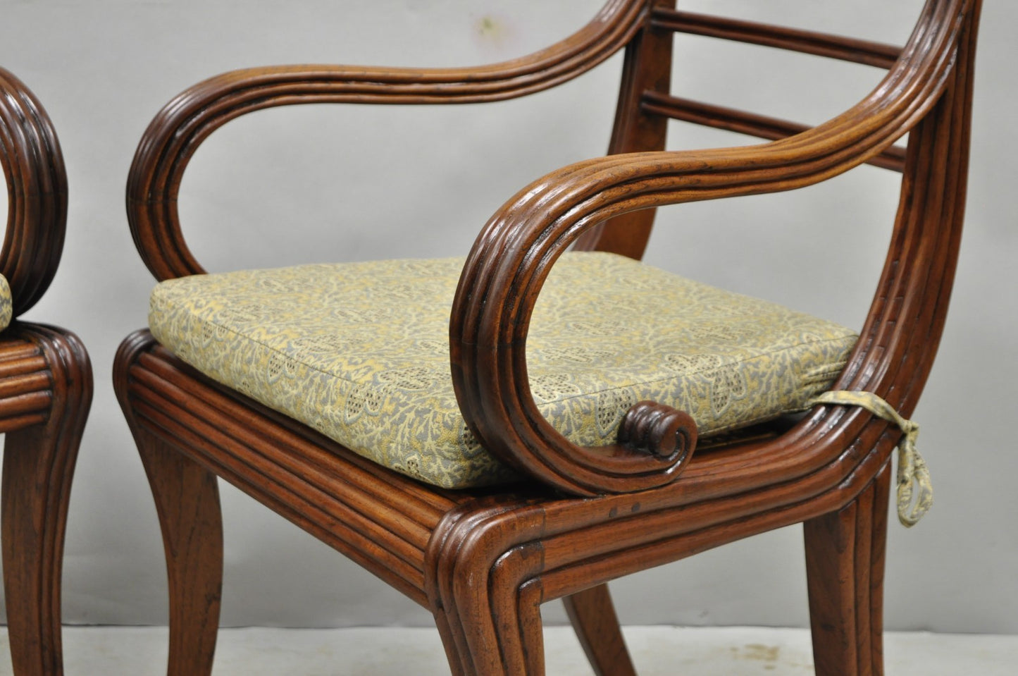 Vintage English Regency Style Cane Seat Mahogany Saber Leg Arm Chairs - a Pair