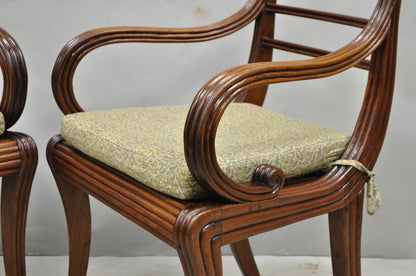 Vintage English Regency Style Cane Seat Mahogany Saber Leg Arm Chairs - a Pair