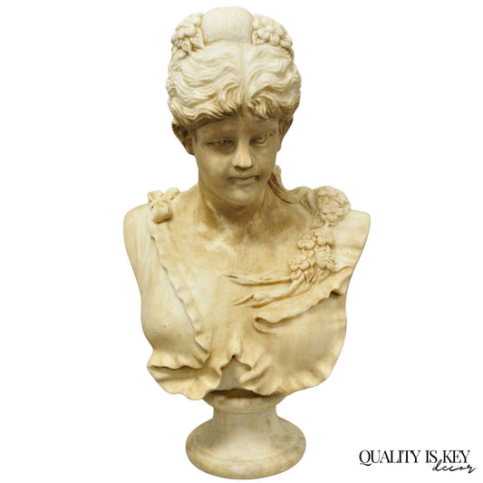 Vintage Victorian Style Carved Marble Young Lady Maiden Bust Statue Sculpture