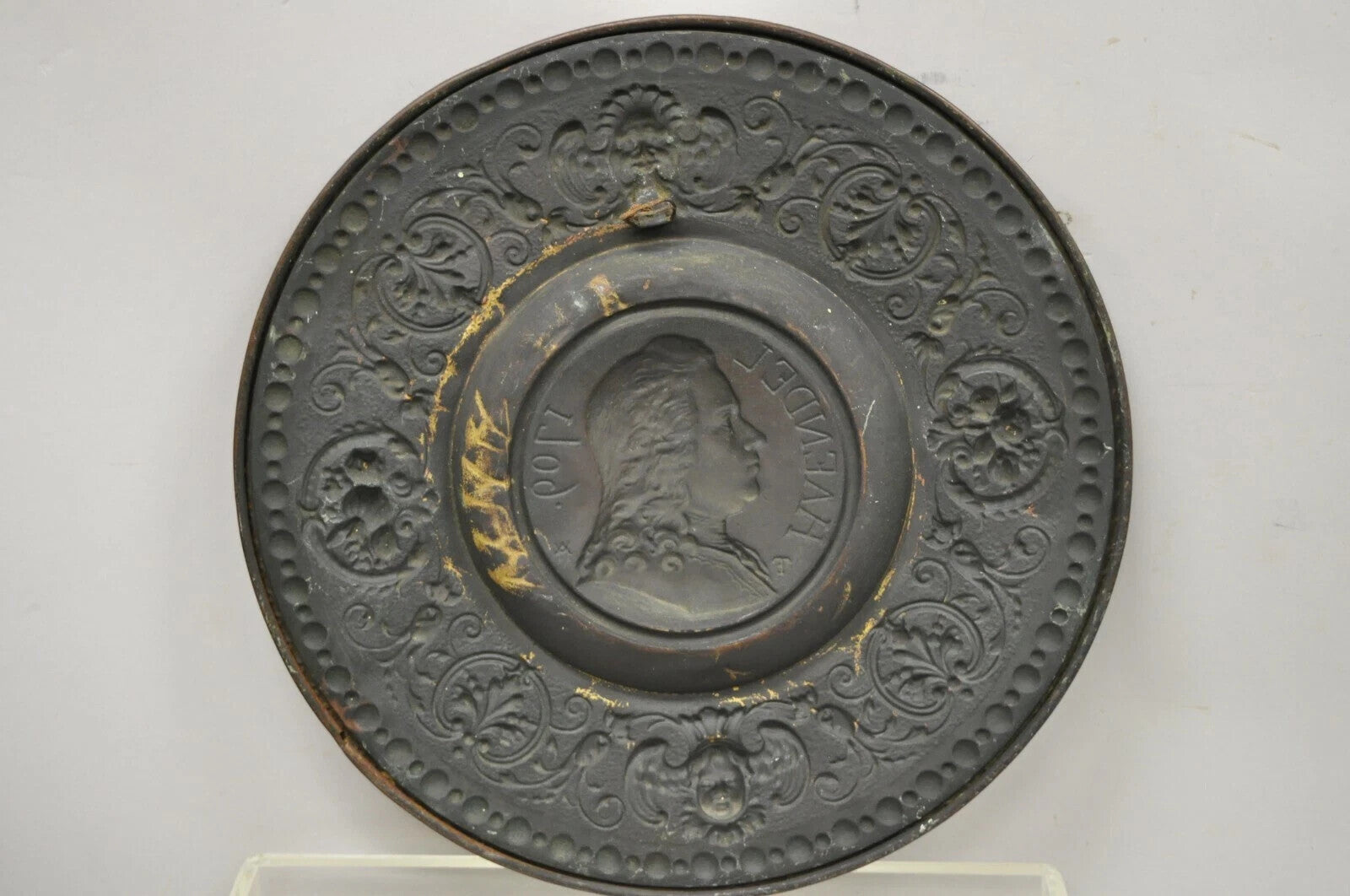 Antique Embossed Copper Neoclassical Bach and Haendel Charger Plates - a Pair