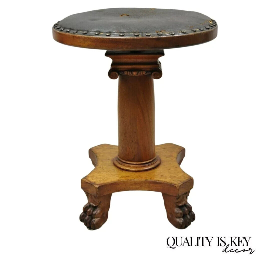19th C. American Empire Mahogany Carved Column Paw Foot Swivel Leather Stool