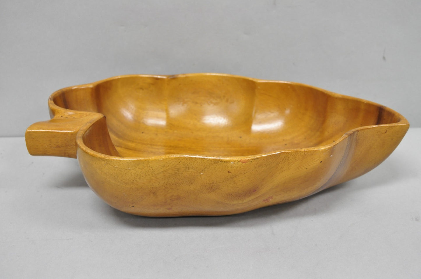Vintage Mid Century Modern Monkey Pod Carved Koa Wood Banana Leaf 16" Fruit Bowl