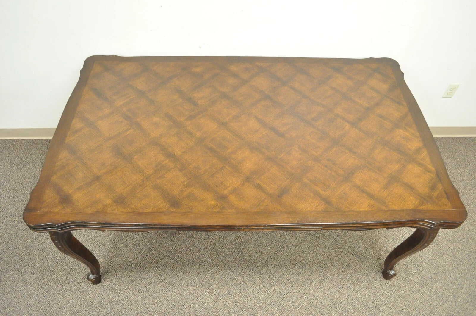 Vintage French Country Oak Parquetry Inlay Refectory Extension Leaf Dining Table